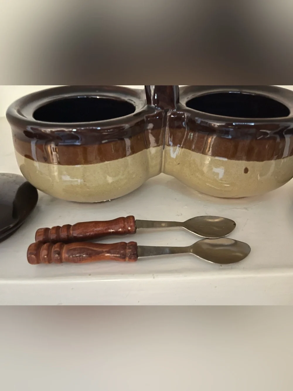 Stoneware Pottery Double Condiment Jam & Jelly Server Brown Vintage with spoons